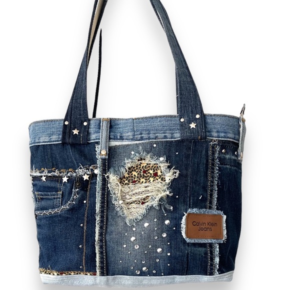 Denim patchwork shoulder bag upcycled jeans boho bag - Picture 1 of 16